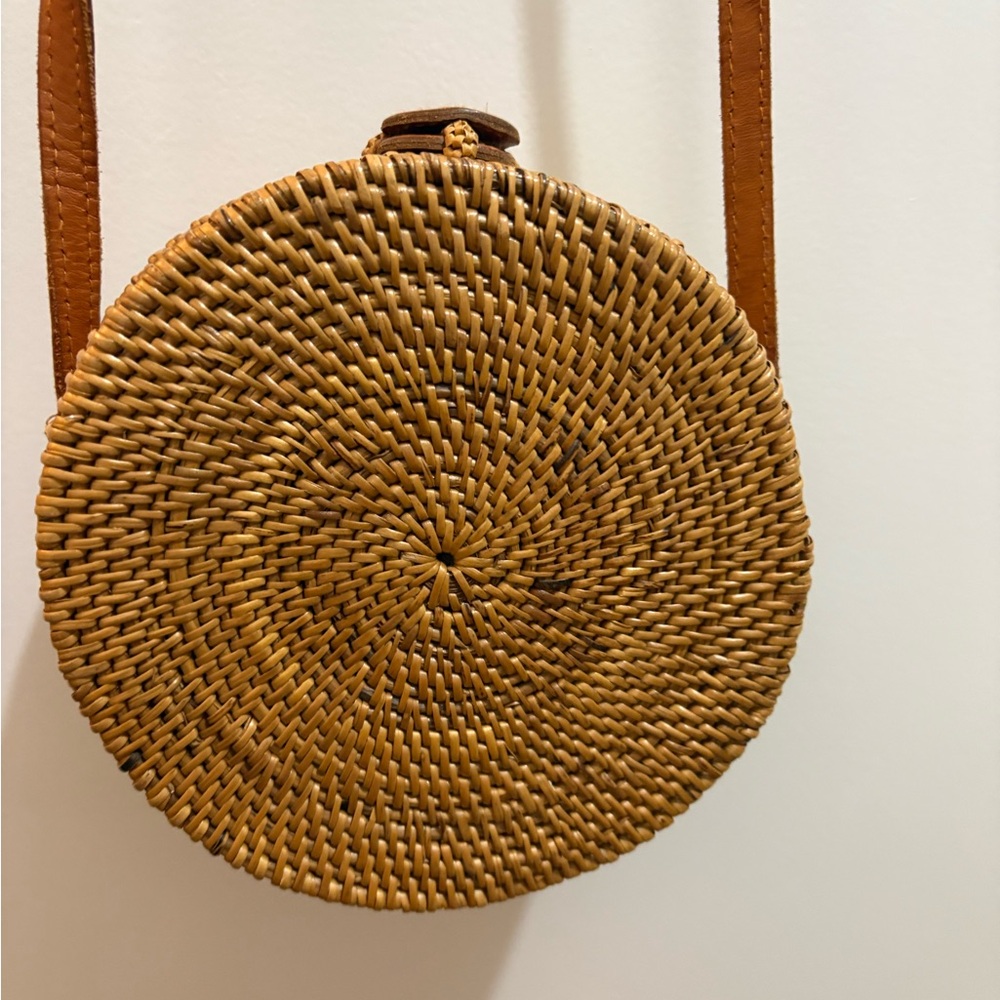Round Woven Tan Crossbody Bag